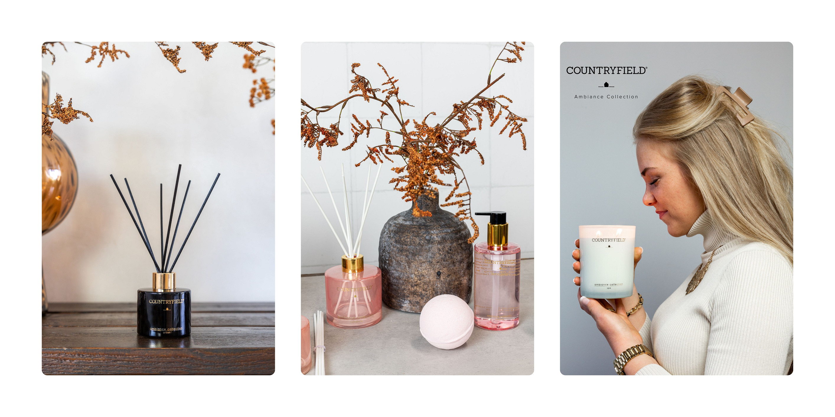 Ons eigen geurmerk Countryfield Ambiance bestaat uit een prachtige collectie van 10 verschillende geuren die ontworpen zijn om alle zintuigen te prikkelen en een ontspannende sfeer te creëren.